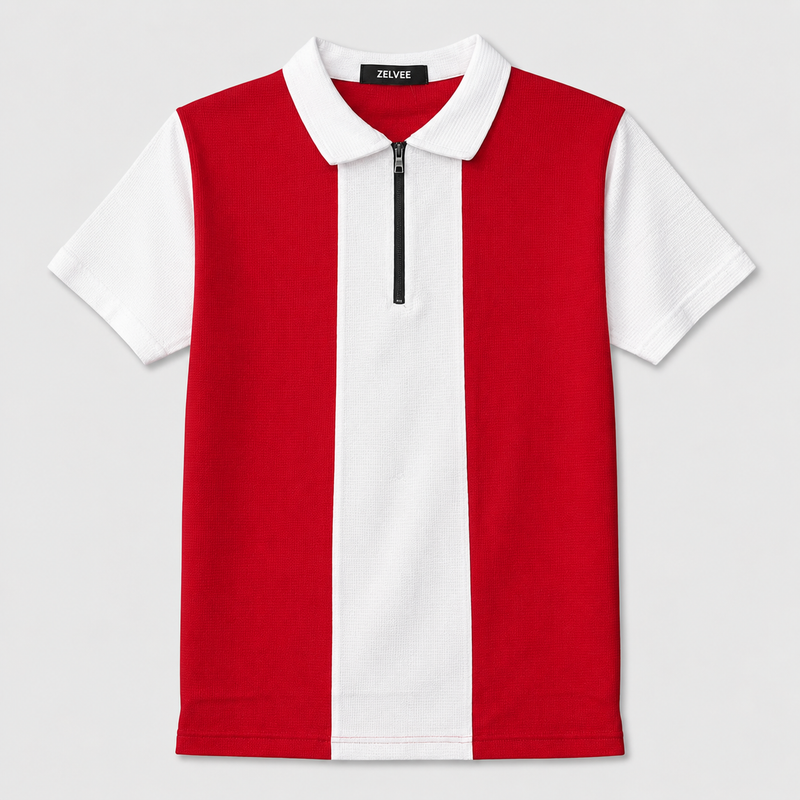 ZELVEE Men's Thermal Knit Zip Polo Shirt – Red & White