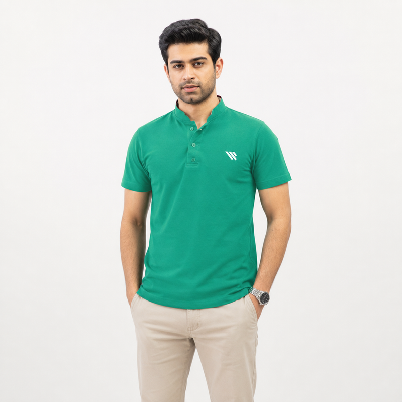 ZELVEE Men's Green Mandarin Collar Polo Shirt