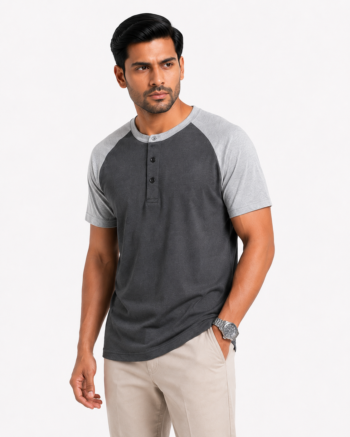 Raglan Henley T-Shirt – Dark Charcoal / Heather Grey
