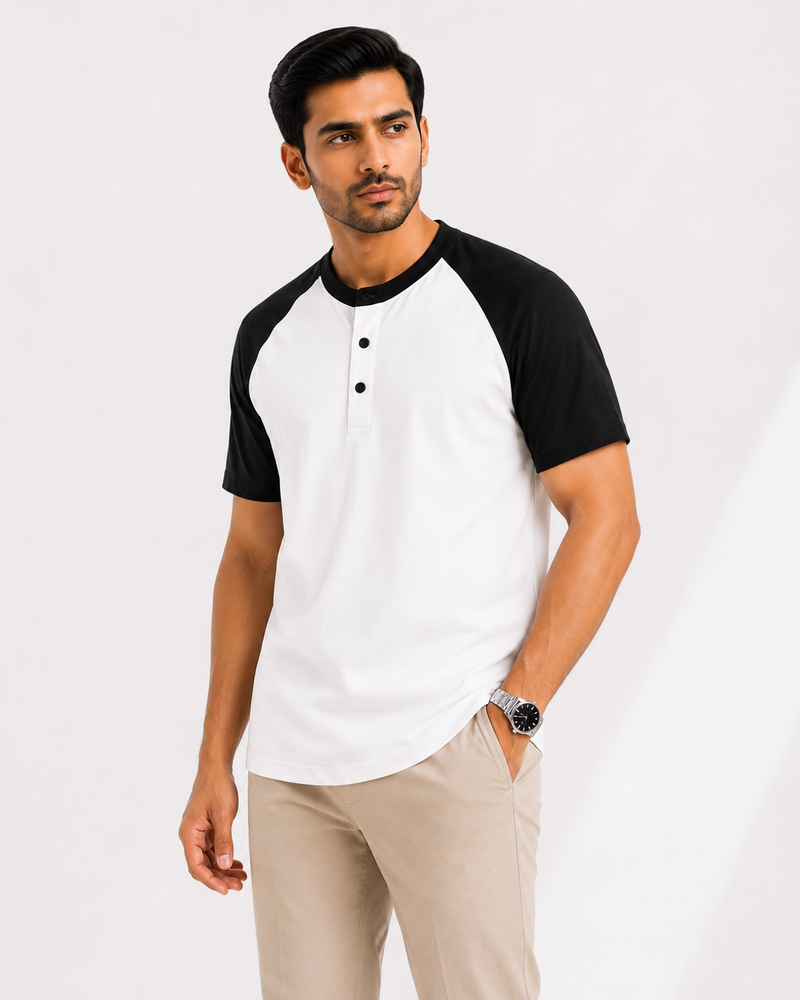 Raglan Henley T-Shirt – White / Black