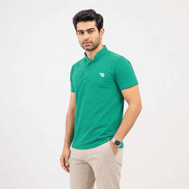ZELVEE Men's Green Mandarin Collar Polo Shirt