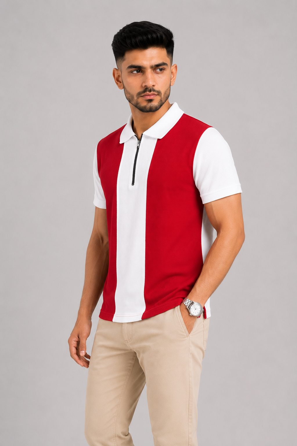 ZELVEE Men's Thermal Knit Zip Polo Shirt – Red & White