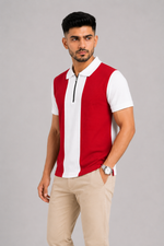 ZELVEE Men's Thermal Knit Zip Polo Shirt – Red & White