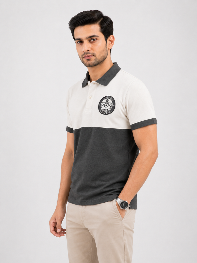 ZELVEE Men's Color Block Polo Shirt – White & Charcoal