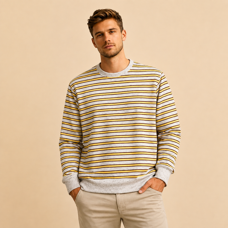 Men’s Striped Fleece Crewneck Sweatshirt – Mustard & Brown