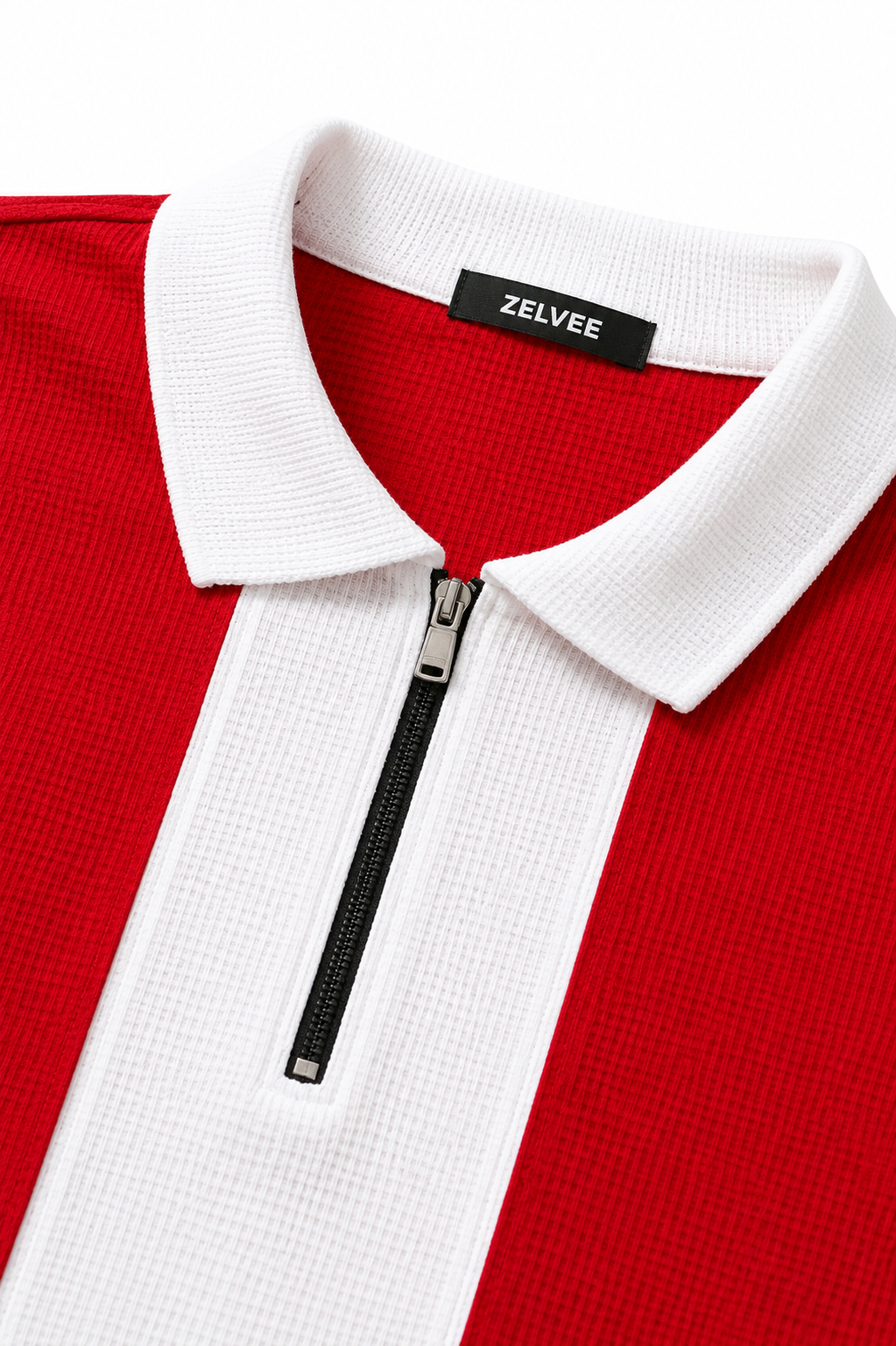 ZELVEE Men's Thermal Knit Zip Polo Shirt – Red & White