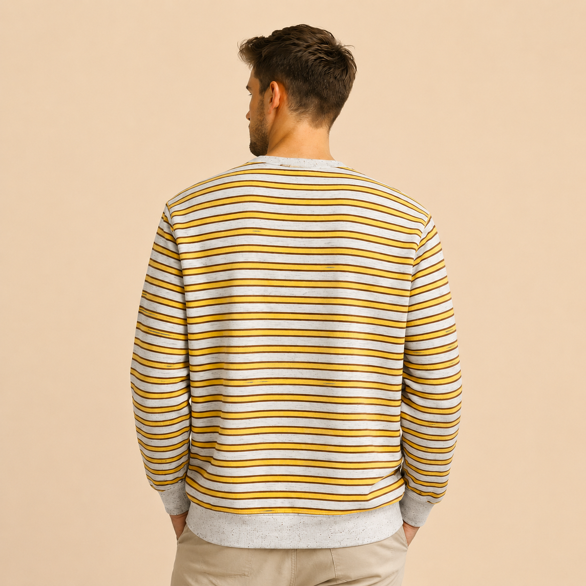 Men’s Striped Fleece Crewneck Sweatshirt – Mustard & Brown