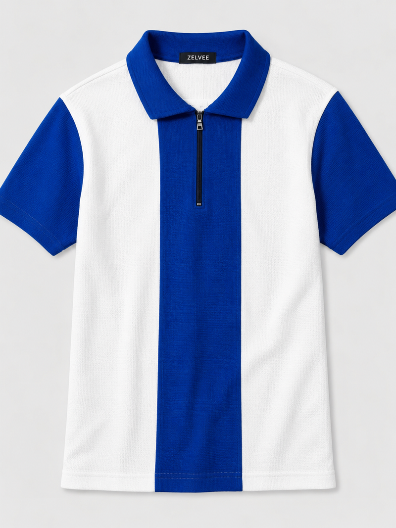 ZELVEE Men's Thermal Knit Zip Polo Shirt – Blue & White