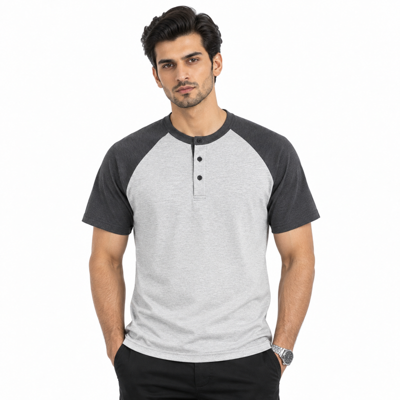 Raglan Henley T-Shirt – Heather Grey / Dark Charcoal