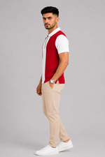 ZELVEE Men's Thermal Knit Zip Polo Shirt – Red & White