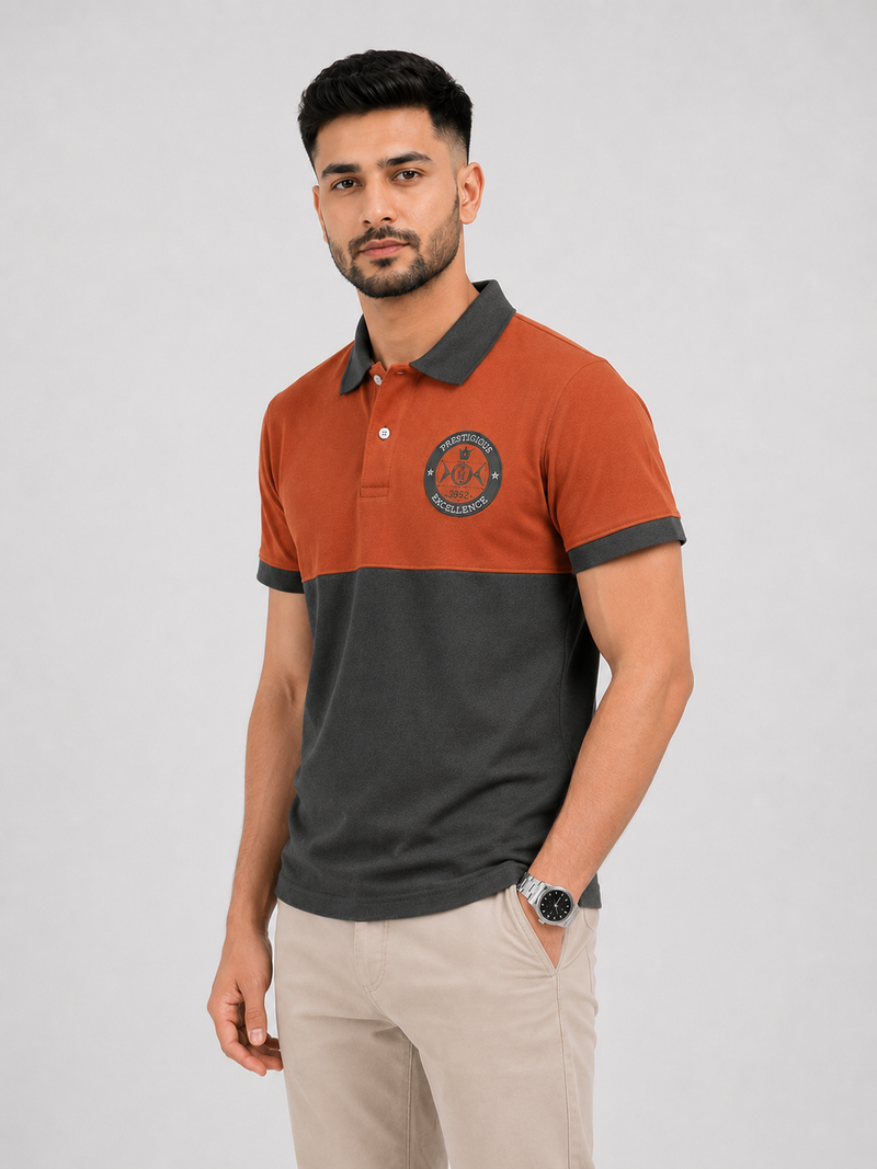 ZELVEE Men's Color Block Polo Shirt – Rust & Charcoal