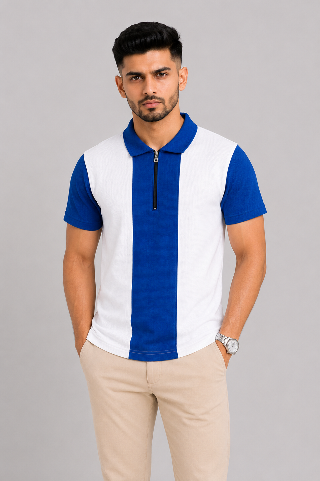 ZELVEE Men's Thermal Knit Zip Polo Shirt – Blue & White