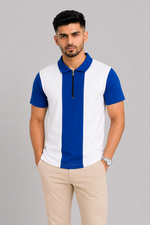 ZELVEE Men's Thermal Knit Zip Polo Shirt – Blue & White