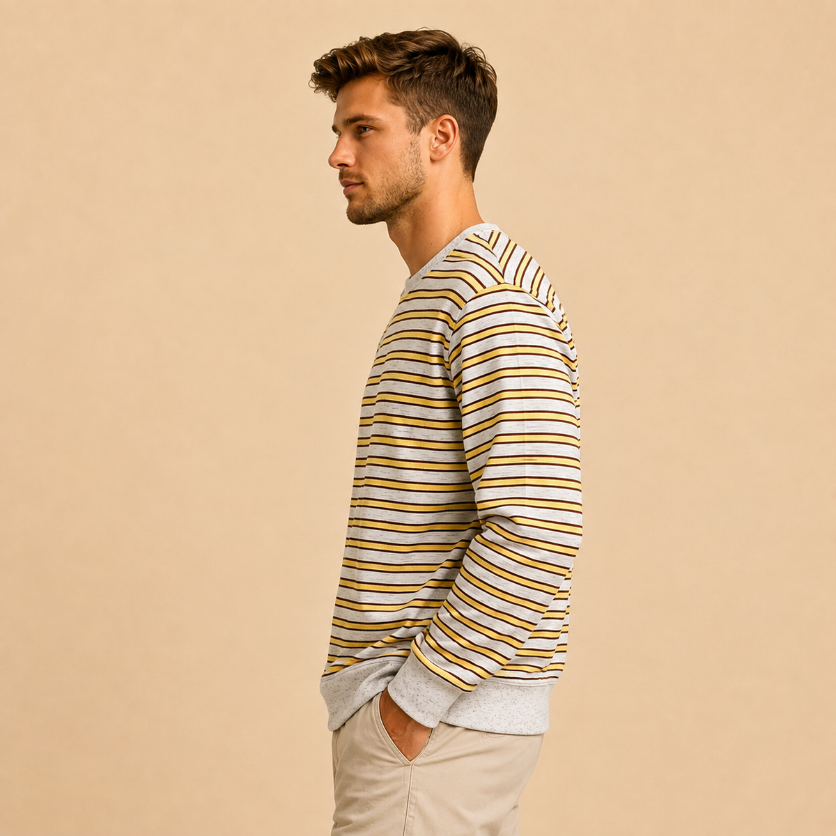 Men’s Striped Fleece Crewneck Sweatshirt – Mustard & Brown