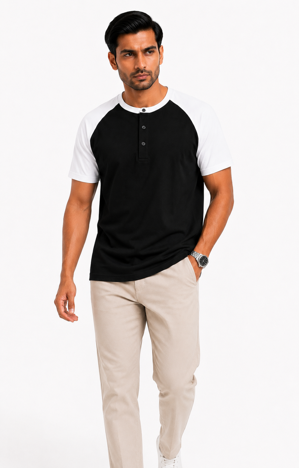 Raglan Henley T-Shirt – Black / White