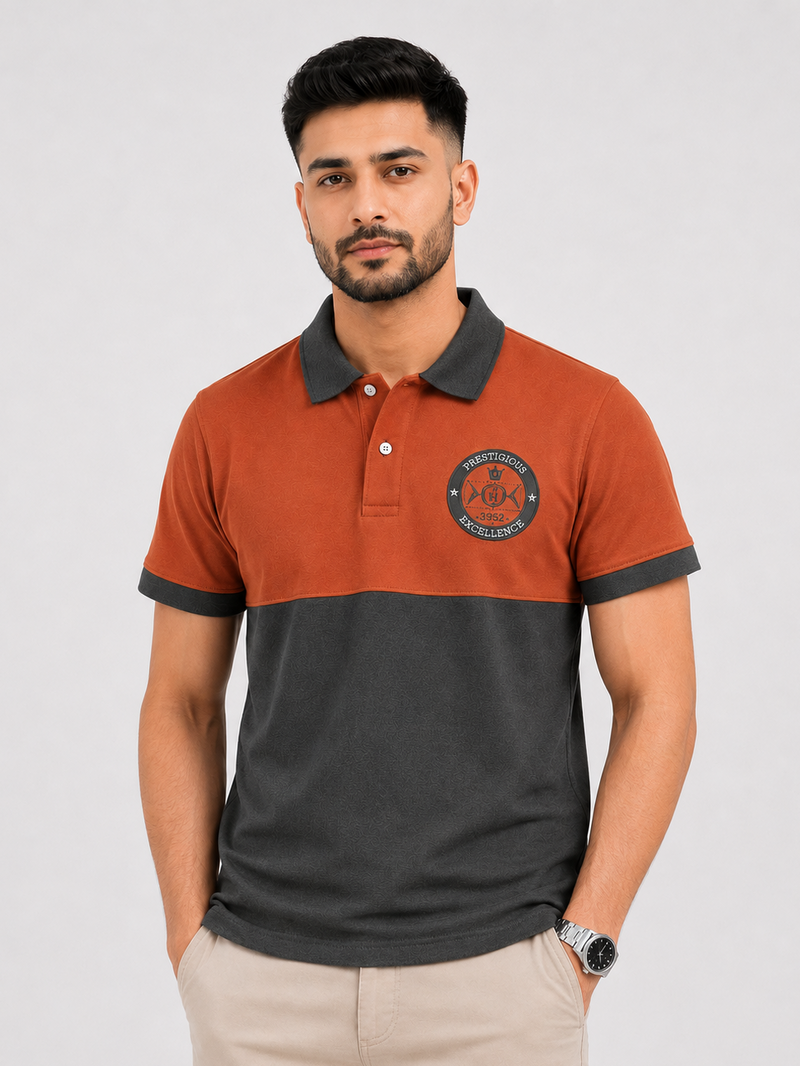 ZELVEE Men's Color Block Polo Shirt – Rust & Charcoal