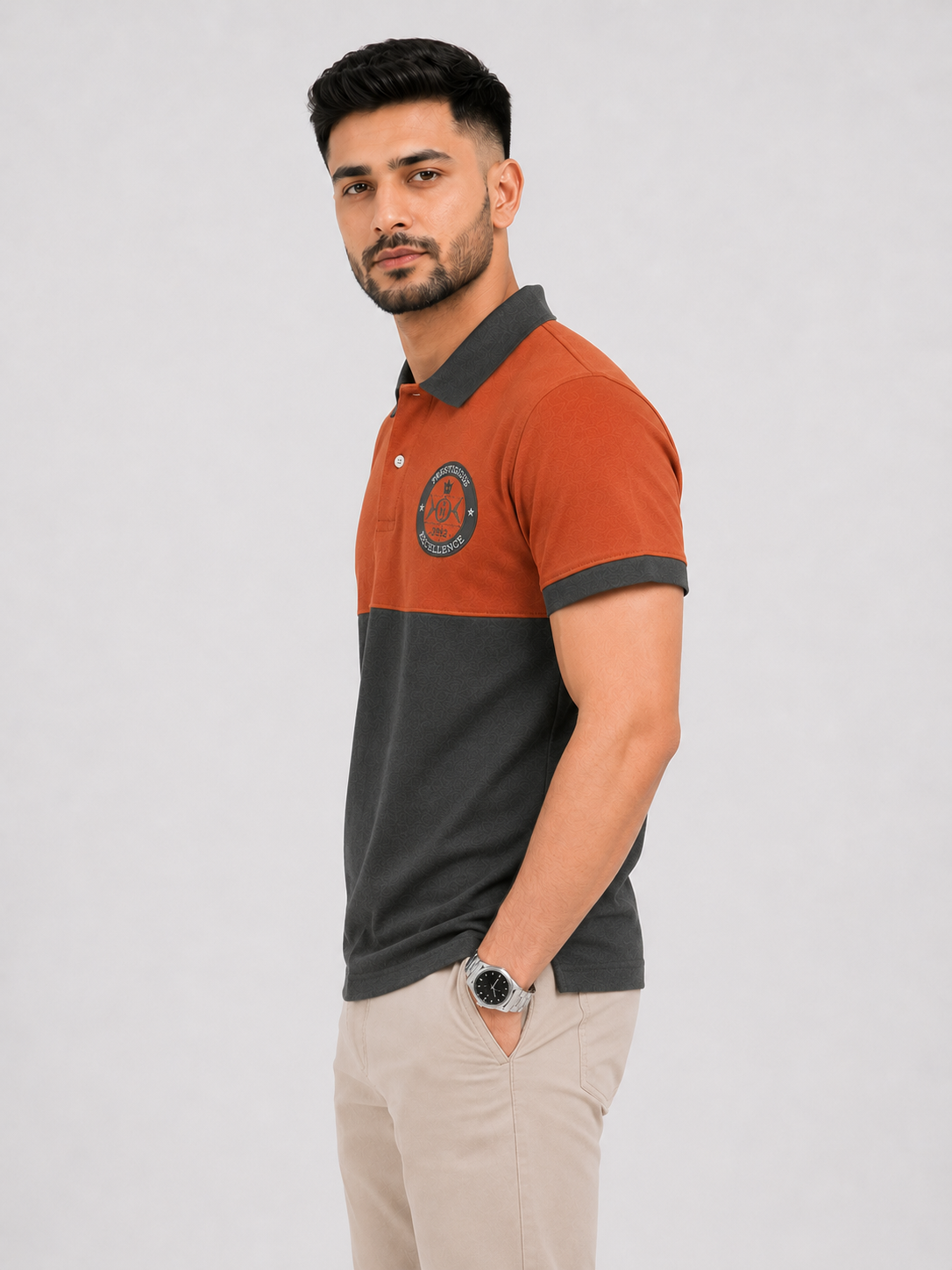 ZELVEE Men's Color Block Polo Shirt – Rust & Charcoal