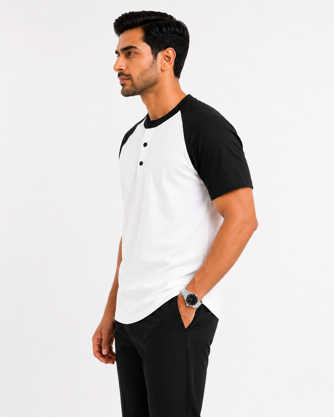 Raglan Henley T-Shirt – White / Black