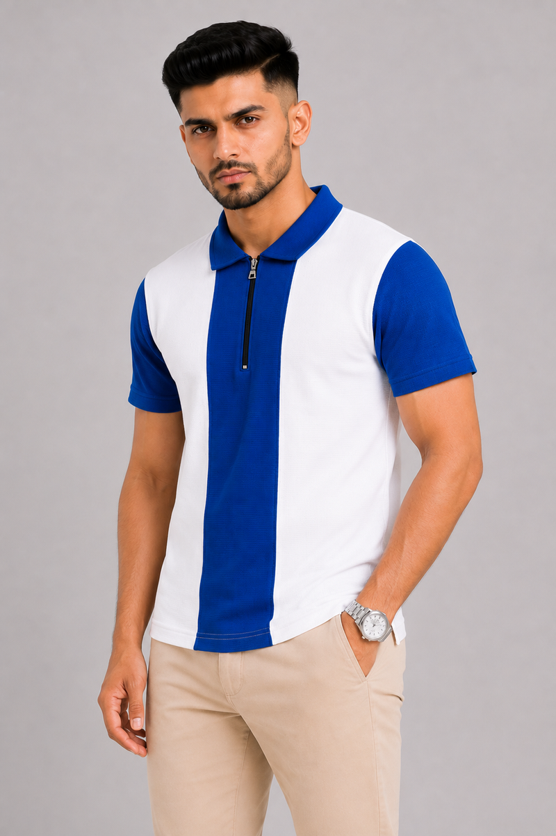 ZELVEE Men's Thermal Knit Zip Polo Shirt – Blue & White