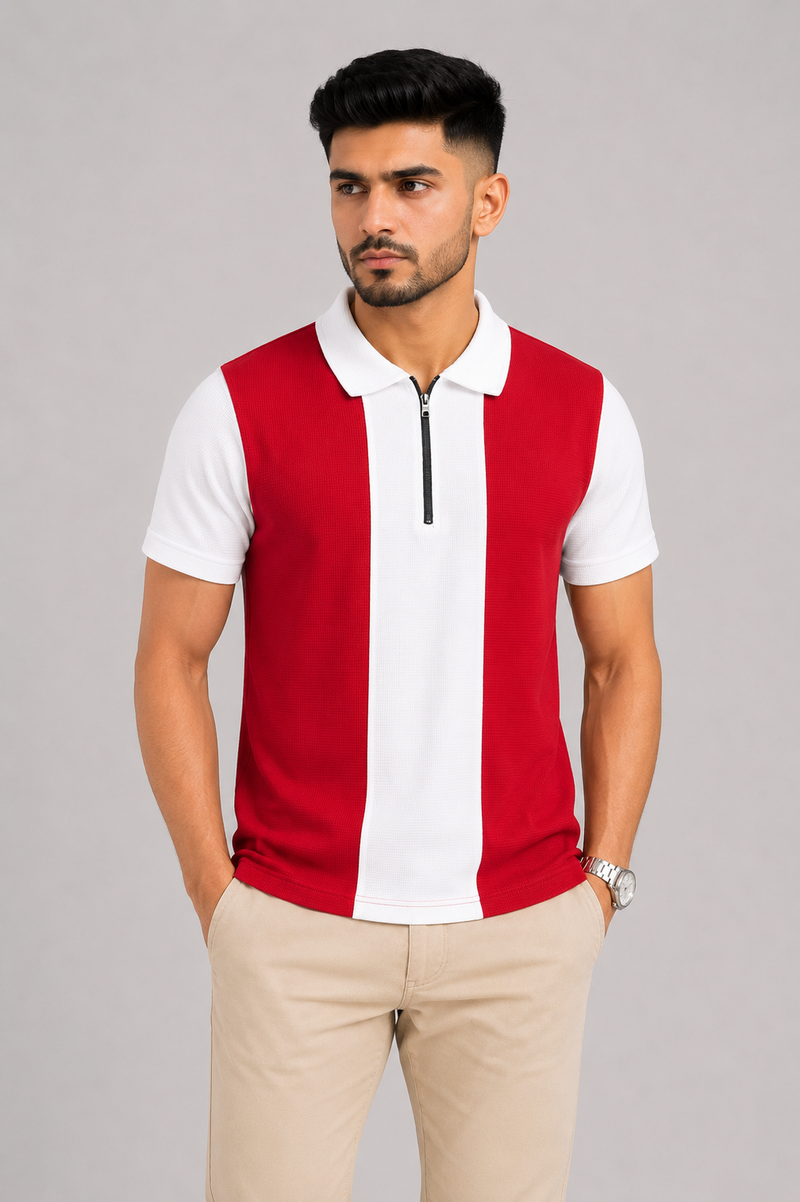 ZELVEE Men's Thermal Knit Zip Polo Shirt – Red & White