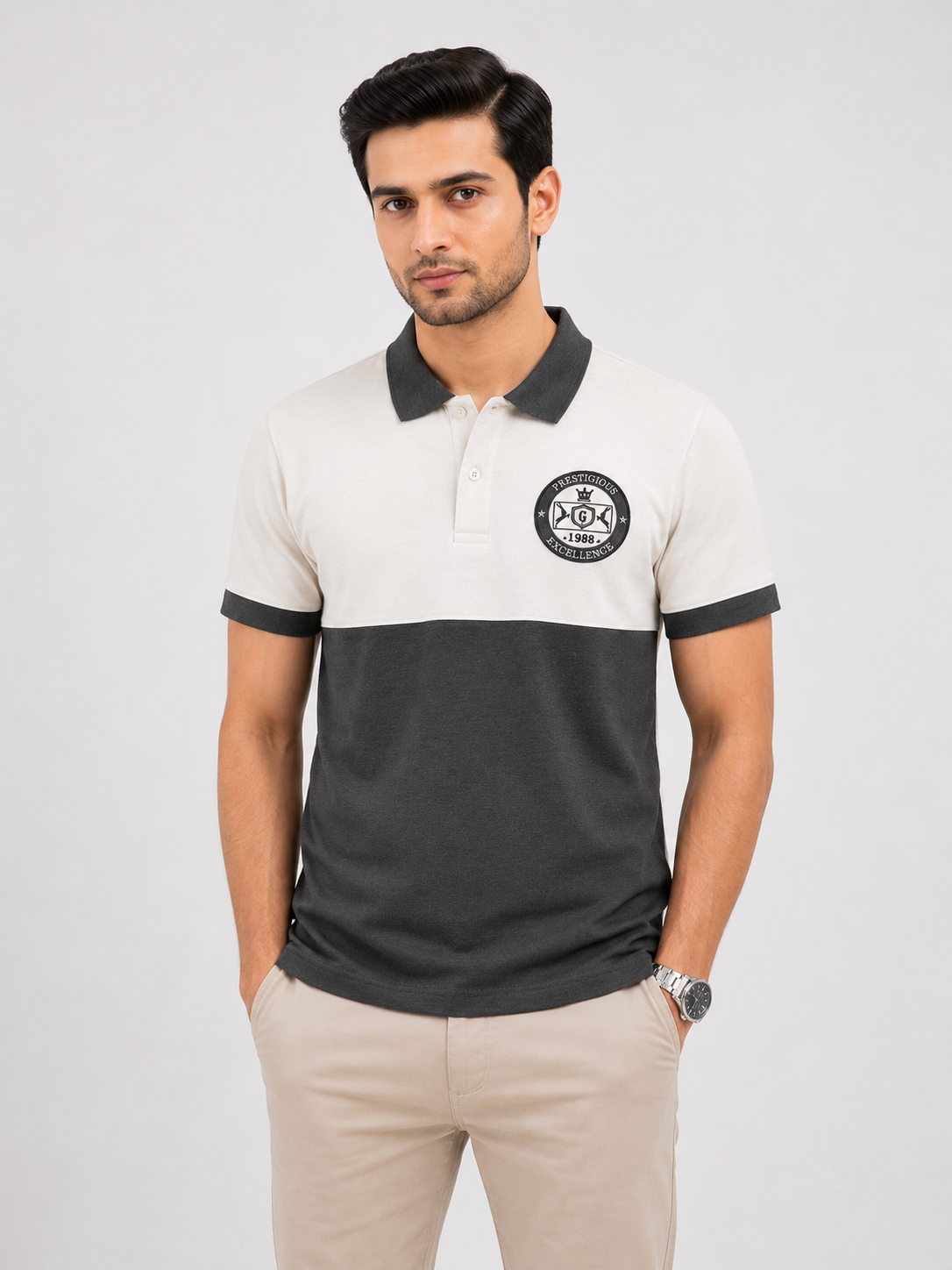 ZELVEE Men's Color Block Polo Shirt – White & Charcoal