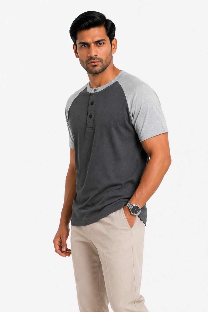 Raglan Henley T-Shirt – Dark Charcoal / Heather Grey
